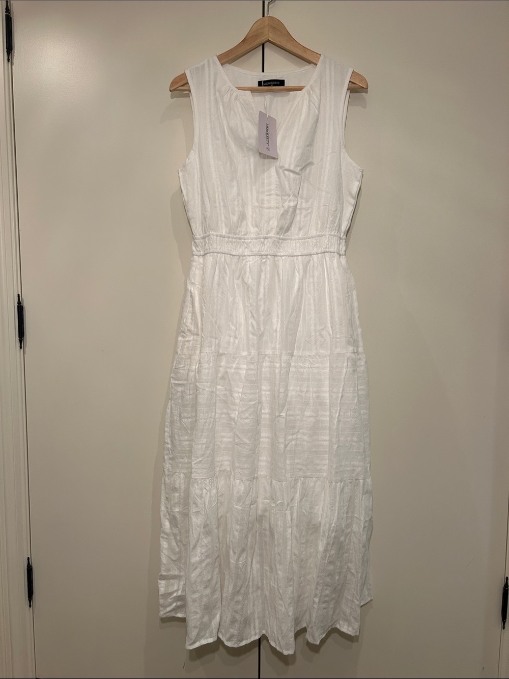 White Sleeveless Tiered Midi Dress by UNKNOWN